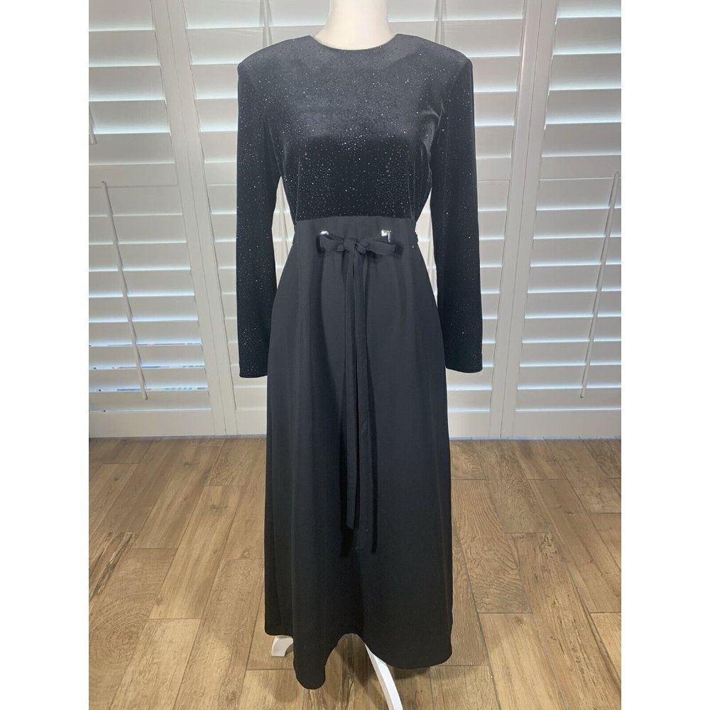 Vtg 80s David Warren Black Velvet Sparkle Maxi Dress 8P Formal Long Sleeve Glam